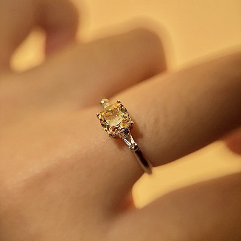Cushion Yellow Diamond Solitaire Ring, Slim Baguette Accent Minimal Promise Band