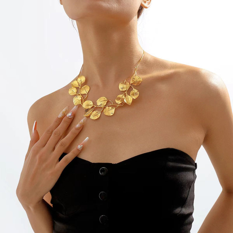 Textured Golden Leaf Vine Bib Choker, 18K Gold Nature Statement Collarbone Necklace