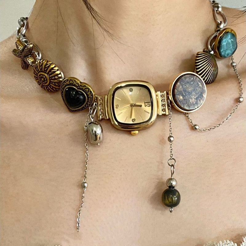 Vintage Mixed Charm Choker Necklace, Seashell Starfish Tassel Dainty Collar Y2K Boho Jewelry