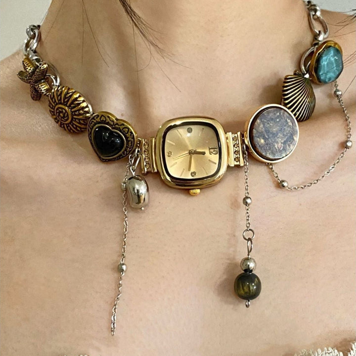 Vintage Mixed Charm Choker Necklace, Seashell Starfish Tassel Dainty Collar Y2K Boho Jewelry