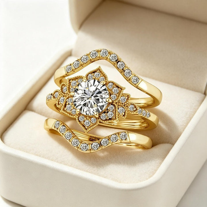 Vintage Floral Stackable Ring Set, Sparkling Center Diamond Curved Band Statement Rings for Women