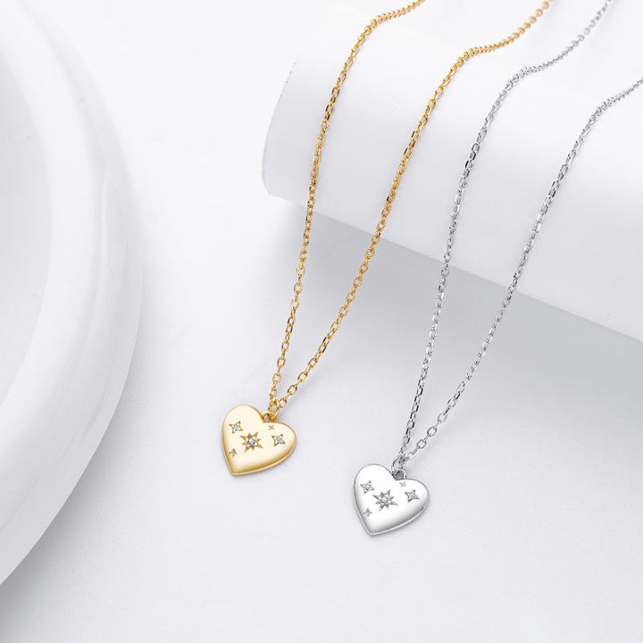 Star Engraved Puffy Heart Pendant Necklace, Dainty Celestial Collarbone Chain