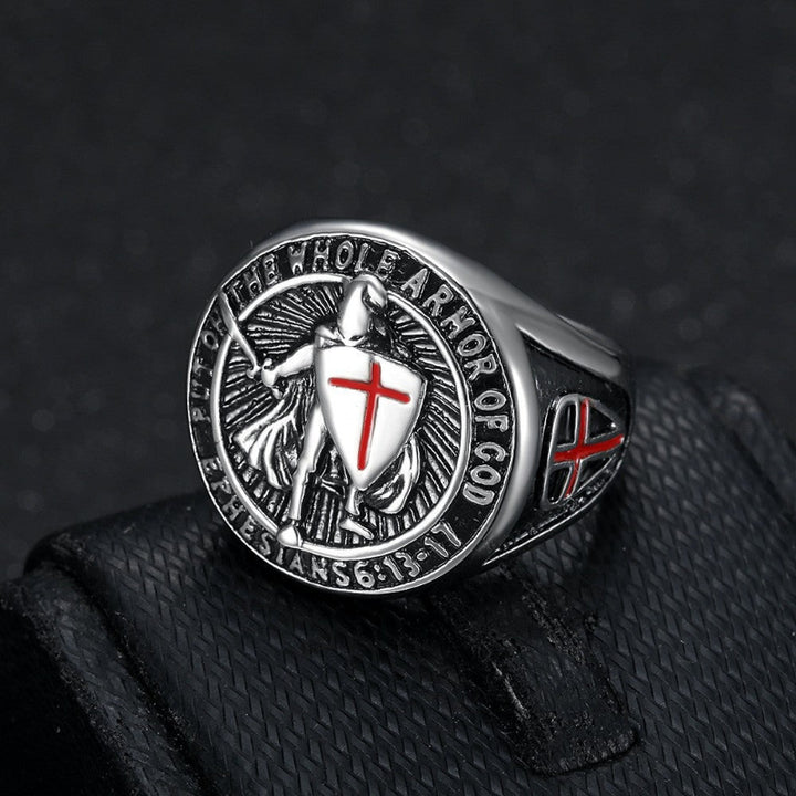 3‑Tone Warrior Cross Shield Religious Statement Ring for Men