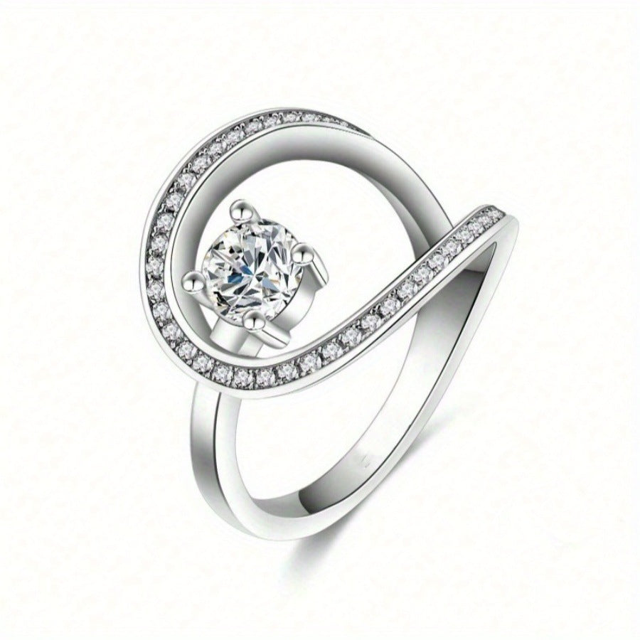 Classic Ring with Openwork Linear Design, Round Center Diamond Statement Ring for Women