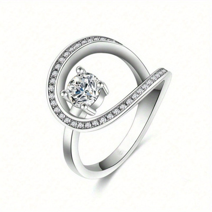 Classic Ring with Openwork Linear Design, Round Center Diamond Statement Ring for Women