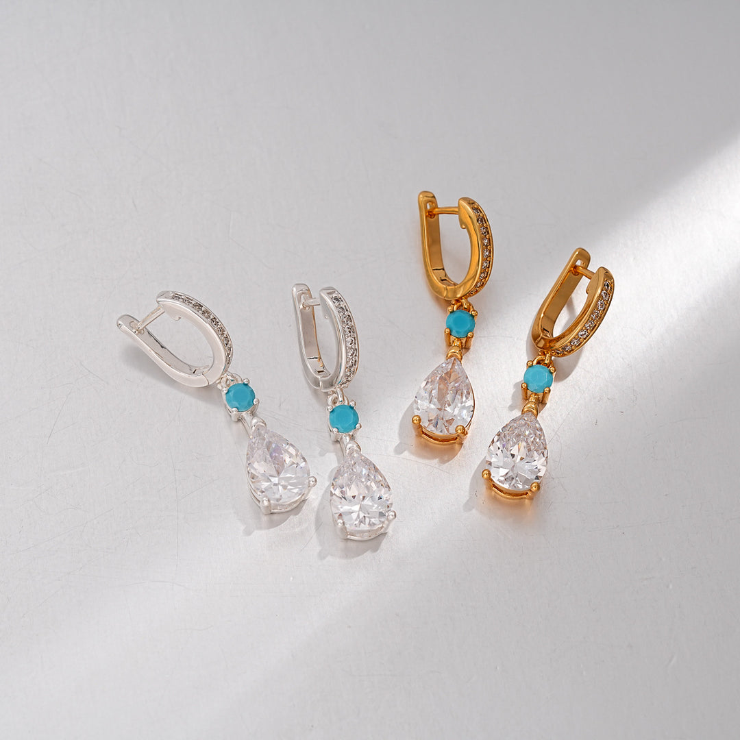 Teardrop Dangle Huggie Earrings, Turquoise Accent Drop Earrings for Women, Elegant Daily &amp; Party Jewelry