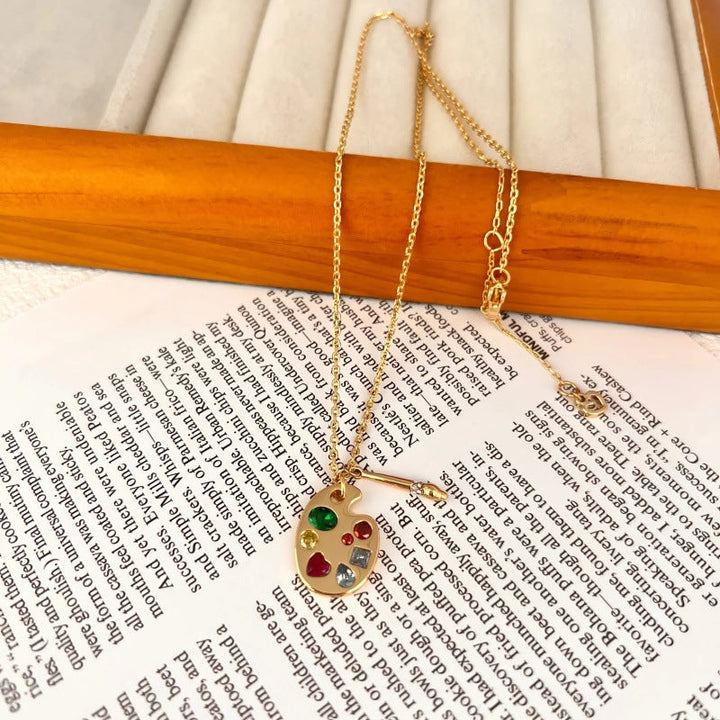 Artist Palette Paintbrush Pendant Necklace, Colorful diamonds 18K Gold Dainty Chain