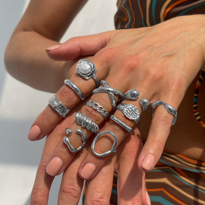 Irregular Abstract Stackable Gold/Silver Statement Ring Set, Handmade Textured Chunky Band Rings