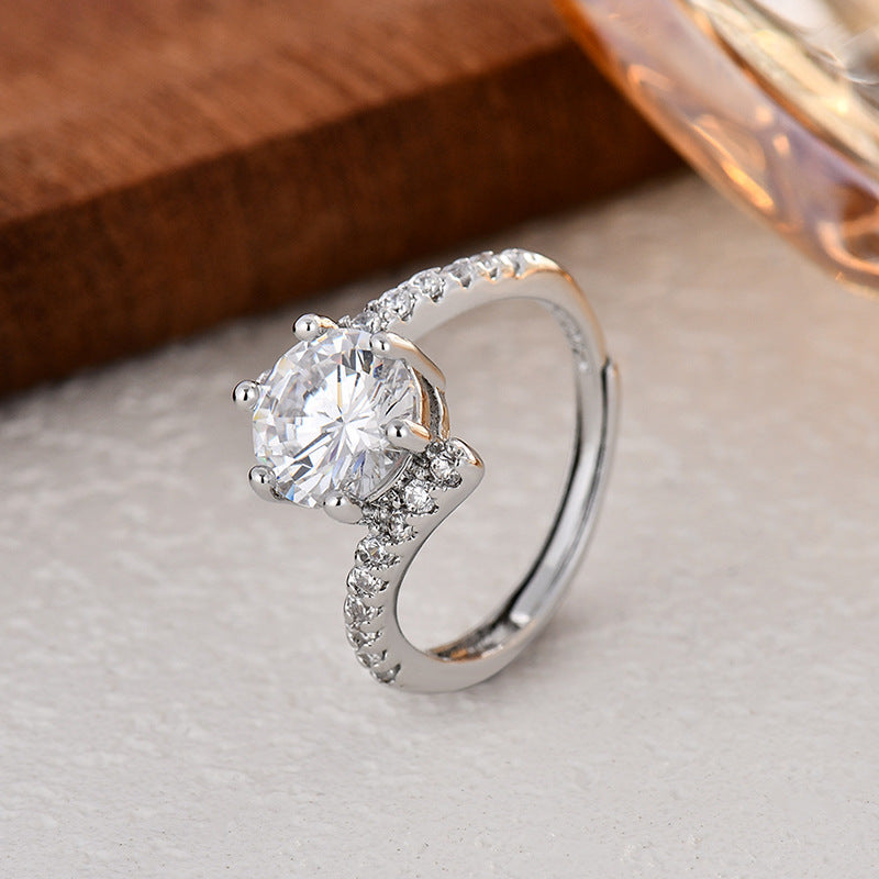 6-Prong Round Diamond Twist Shank Halo Engagement Ring, Adjustable Opening Diamonds Ring