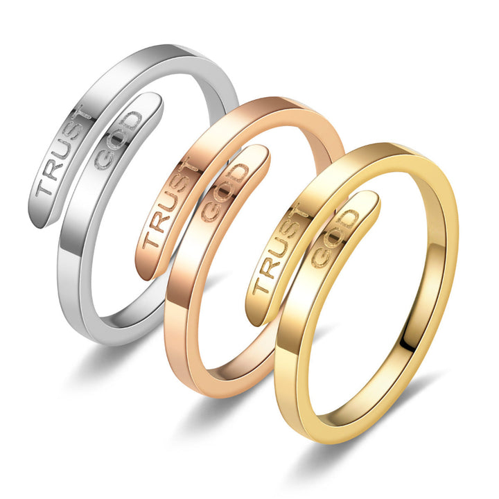 TRUST GOD Engraved Open Adjustable Wrap Ring, Minimalist Christian Faith Inspirational Stackable Band