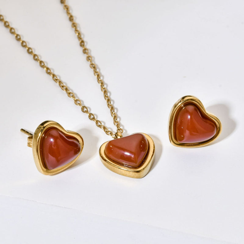 Warm Carnelian Heart Gold Jewelry Set, Dainty Romantic Matching Necklace & Stud Earrings