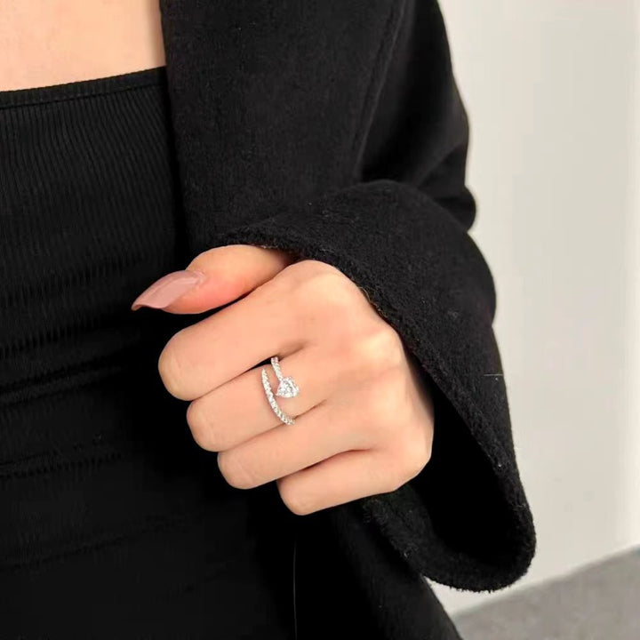 Adjustable Open Split Band Heart Diamond Silver Promise Ring, Dainty Double Pave Love Statement Ring