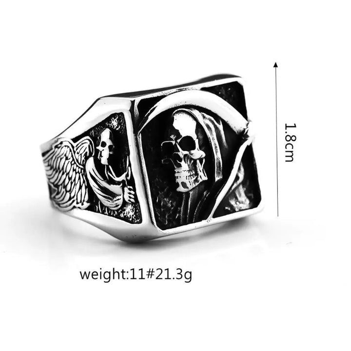 Vintage Grim Reaper Skull 3D Carved Wide Band Men's Statement Ring, Punk Hip Hop Death Skull Ring