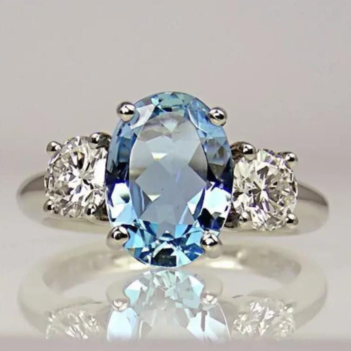 Oval Aquamarine Gemstone Ring with Brilliant Side Diamonds, Elegant Engagement Statement Ring