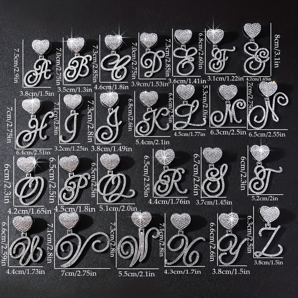 Cursive Initial Letter Necklace With Heart Charm Iced‑Out Cuban Chain, Hip-Hop/Punk Style