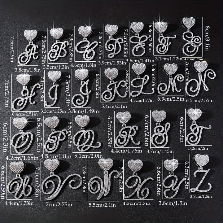 Cursive Initial Letter Necklace With Heart Charm Iced‑Out Cuban Chain, Hip-Hop/Punk Style