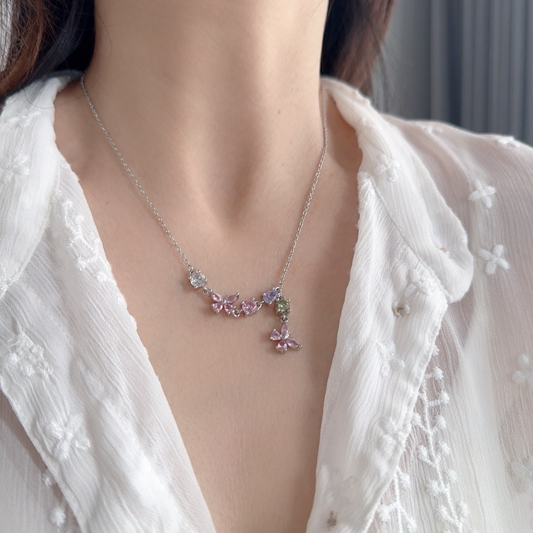 Colorful Multi Stone Pendant Necklace, Dainty Butterfly Cluster Gemstone Chain Necklace