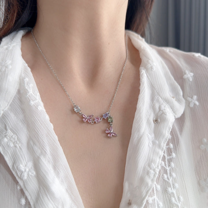 Colorful Multi Stone Pendant Necklace, Dainty Butterfly Cluster Gemstone Chain Necklace