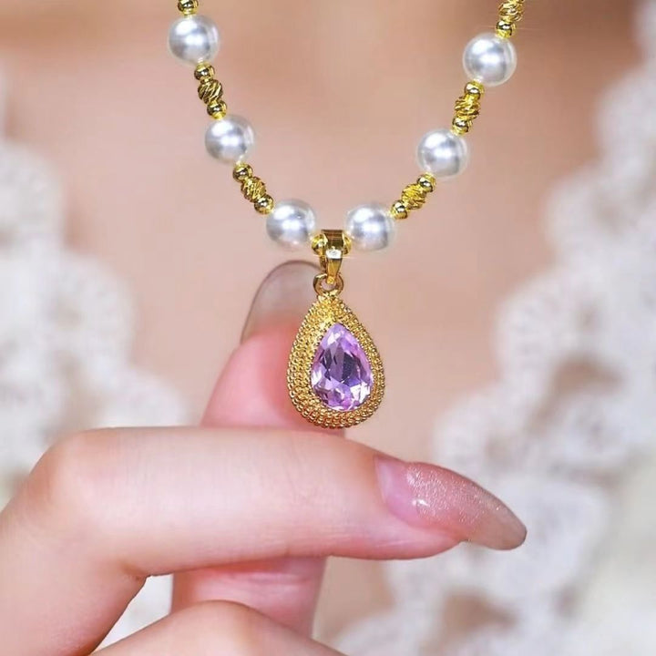 Freshwater Pearl Lotus Tassel & Teardrop Pink Gem Granulated Bezel Dainty Collarbone Jewelry For Women