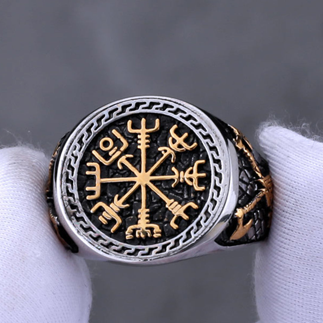 Vintage Viking Symbol Signet Ring, Norse Compass Pattern Statement Ring for Men Biker Jewelry