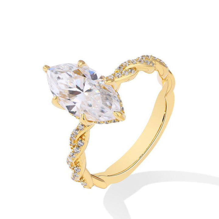 Marquise Diamond Twisted Pave Band Ring, 2 Tone Vine Texture Bridal Solitaire