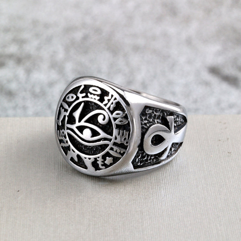 Ancient Egyptian Eye of Horus Signet Ring, Engraved Ankh Hieroglyph Unisex Symbol Ring