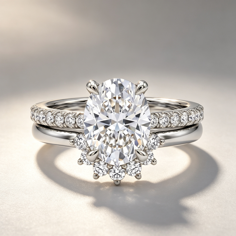 Oval‑Cut Diamond Bridal Ring Set, Halo Accent Engagement &amp; Eternity Band Two‑Piece Ring