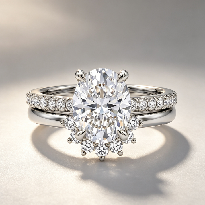 Oval‑Cut Diamond Bridal Ring Set, Halo Accent Engagement &amp; Eternity Band Two‑Piece Ring