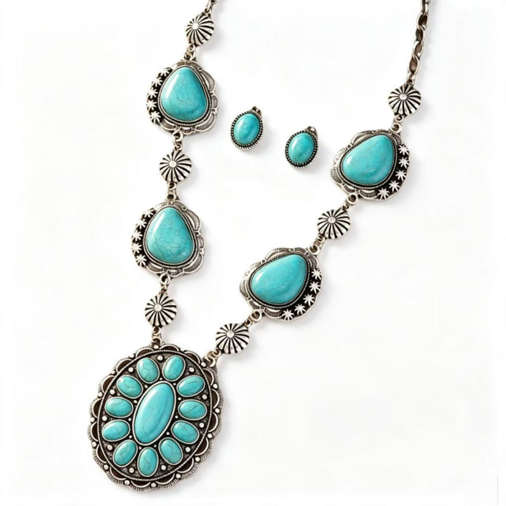 Western Vintage Turquoise Gemstone Jewelry Set, Antique Silver Floral Carved Necklace & Drop Earrings Boho