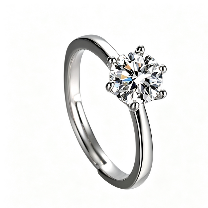 S925 Silver Adjustable Six‑Prong One-Carat Style Round Diamond Ring, Ideal Gift For Women