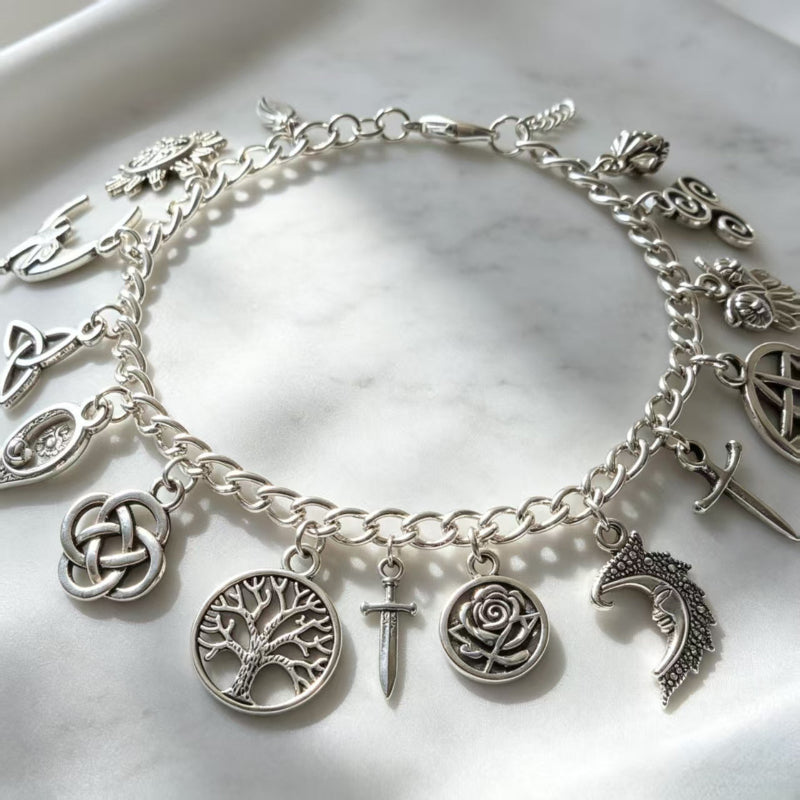 Multi Charm Toggle Clasp Silver Charm Bracelet, Tree Of Life Triple Moon Triquetra Pentacle Vintage Gothic Jewelry