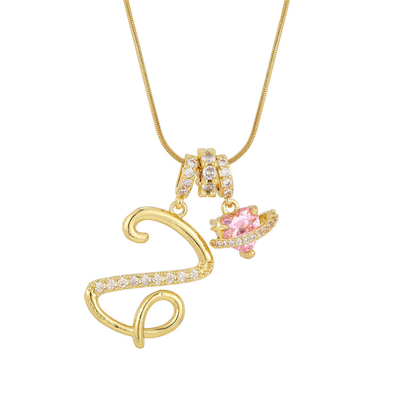 26 Letters Cursive Initial Pink Heart Planet Charm Gold Snake Chain Necklace