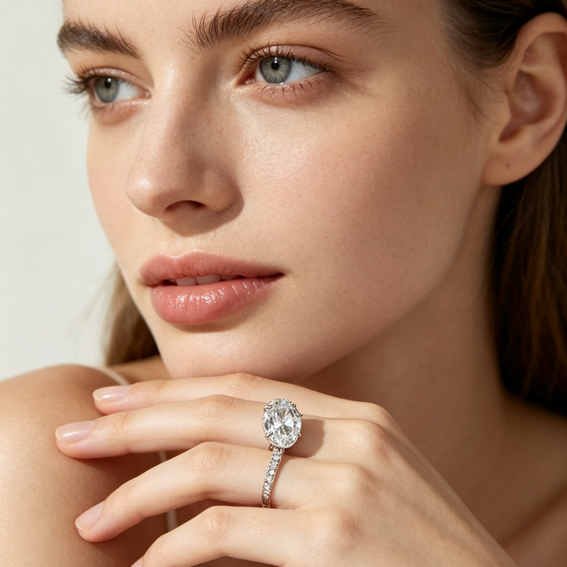4-Prong Oval Diamond Pave Band Engagement Ring, Gold Silver Dainty Bridal Statement Ring