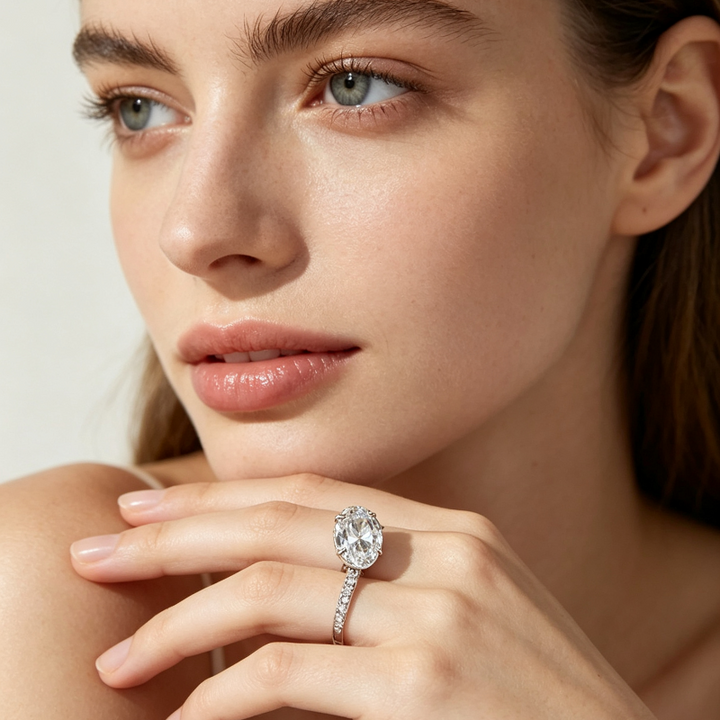 4-Prong Oval Diamond Pave Band Engagement Ring, Gold Silver Dainty Bridal Statement Ring
