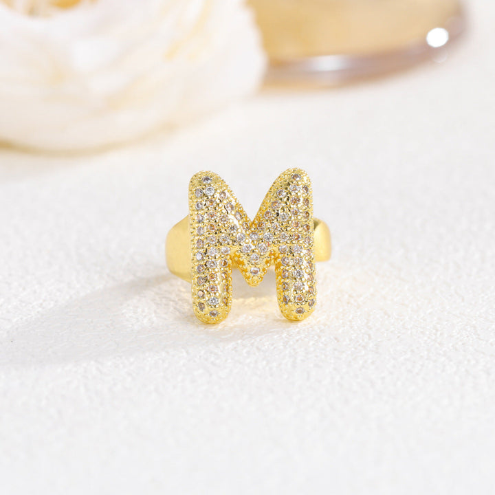 Adjustable Open Iced‑Out Initial Letter Diamond Ring, 26‑Alphabet Statement Unique Style Ring