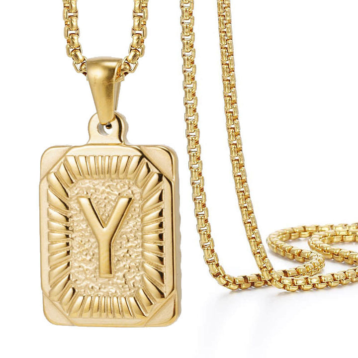 A-Z Vintage Sunburst Initial Tag Pendant Necklace, Personalized Men Women Hip Hop Stackable Statement Jewelry