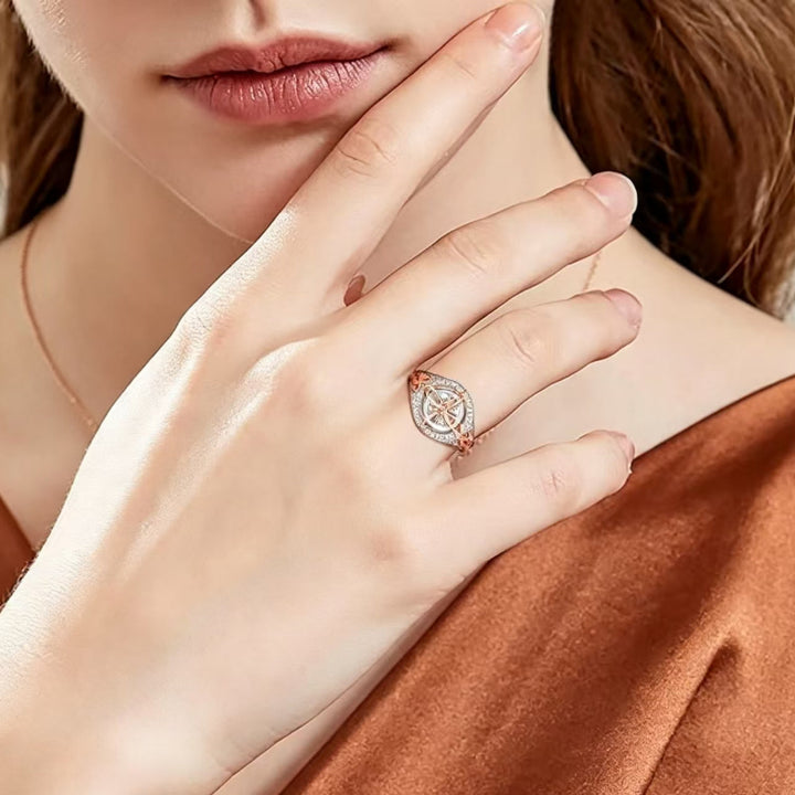 Two‑Tone Celtic Knot Halo Gem Statement Ring, Rose Gold & Silver Hollow Openwork Ring