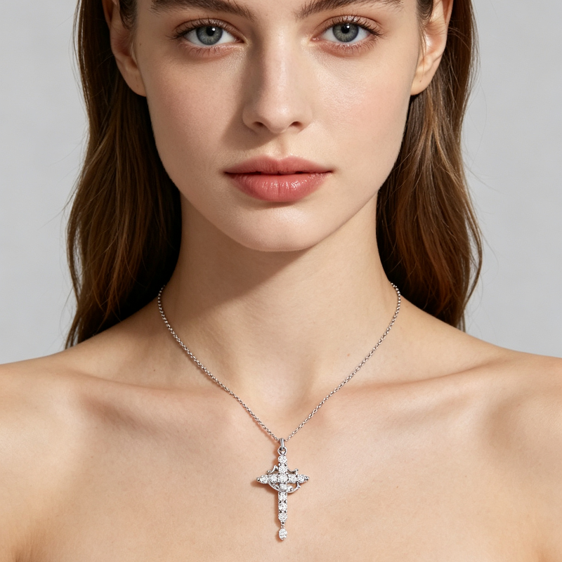 Crown Accent Paved Diamond Cross Necklace, 2 Tone Dainty Faith Collarbone Chain