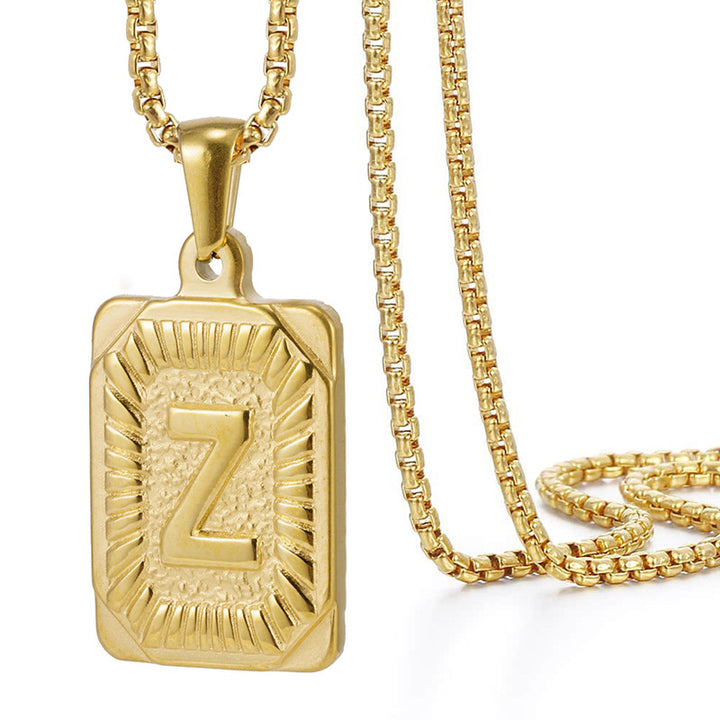 A-Z Vintage Sunburst Initial Tag Pendant Necklace, Personalized Men Women Hip Hop Stackable Statement Jewelry