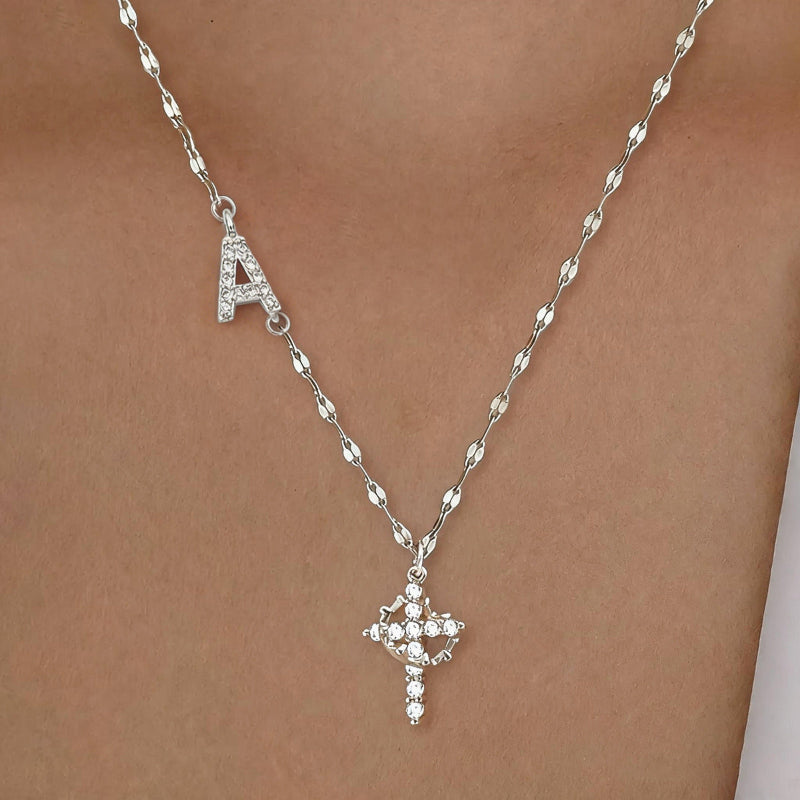 Personalized Initial Diamond Cross Necklace, 2 Tone Letter Sparkle Collarbone Jewelry