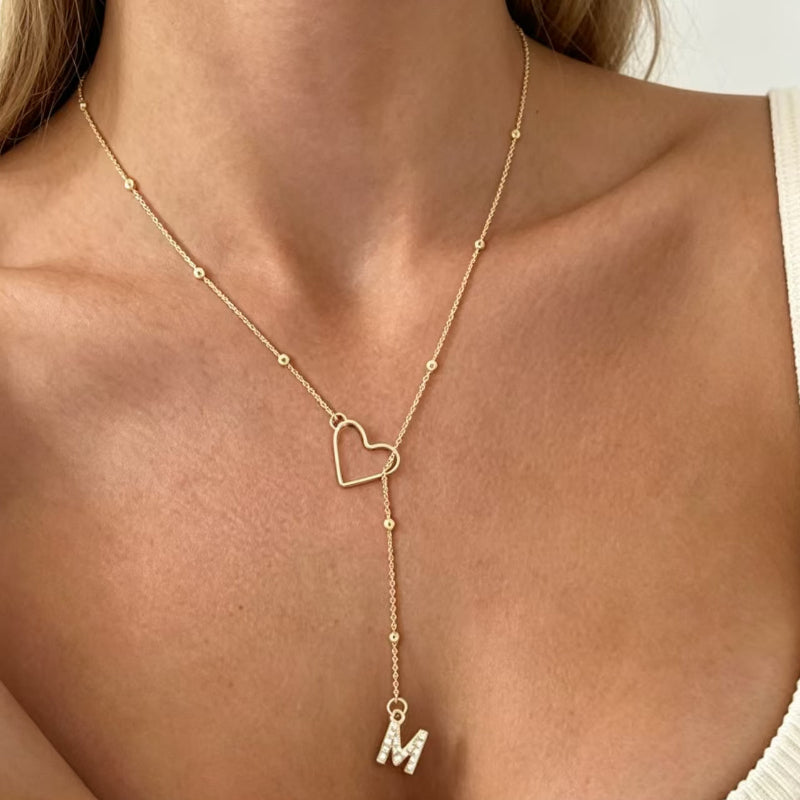 A-Z Initial Heart Pave Letter  Gold Necklace, Dainty Beaded Chain Personalized Collarbone Jewelry For Women