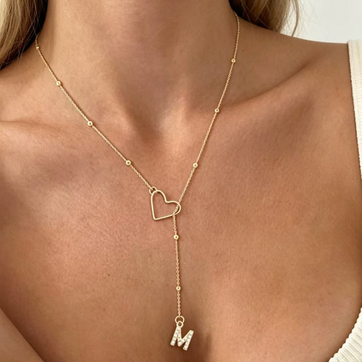 A-Z Initial Heart Pave Letter  Gold Necklace, Dainty Beaded Chain Personalized Collarbone Jewelry For Women