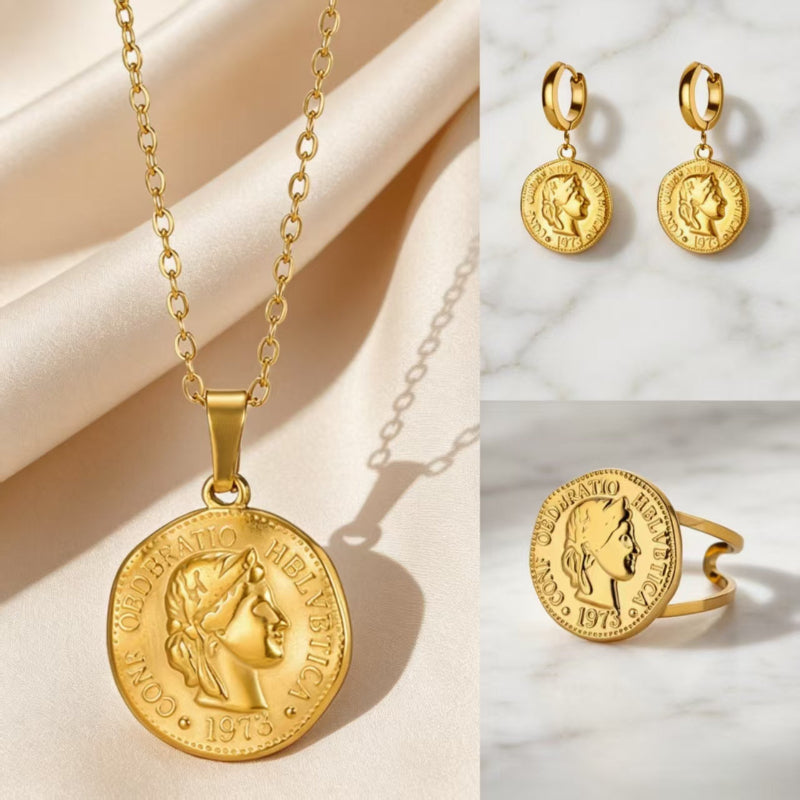 Jewelry Matching Set, Necklace Hoop Earrings Open Ring Vintage Religious Statement Stackable Accessory Kit