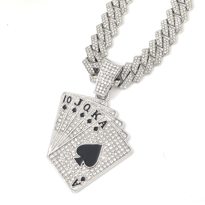 Iced‑Out Poker Card Pendant Necklace, Hip Hop Diamond Cuban Necklace