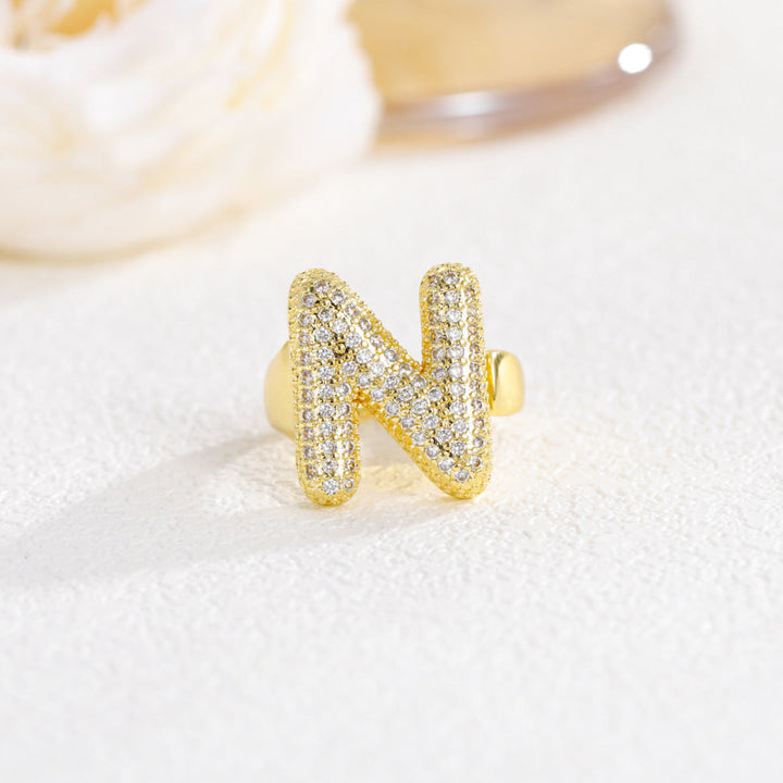Adjustable Open Iced‑Out Initial Letter Diamond Ring, 26‑Alphabet Statement Unique Style Ring