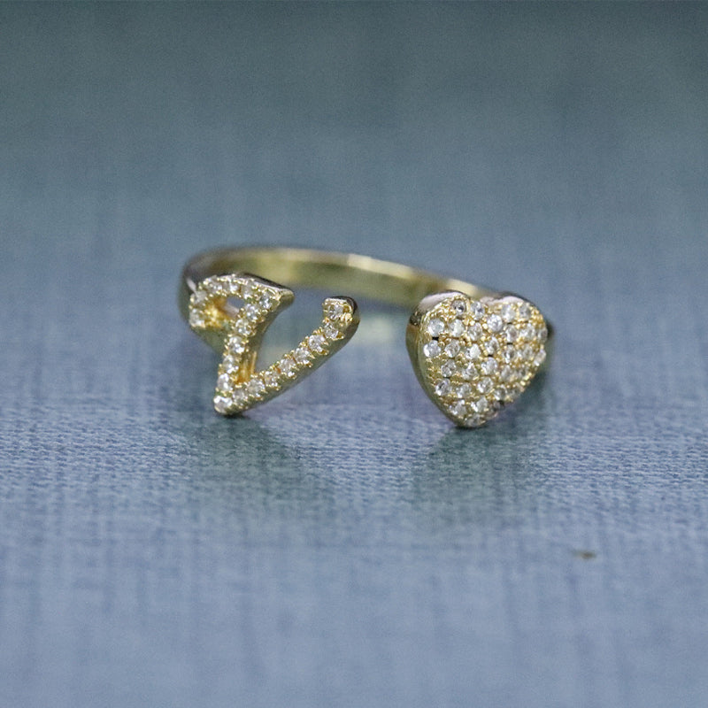 26‑Letter Open Cuff Ring, Paved Diamond Initial &amp; Heart Adjustable Statement Ring