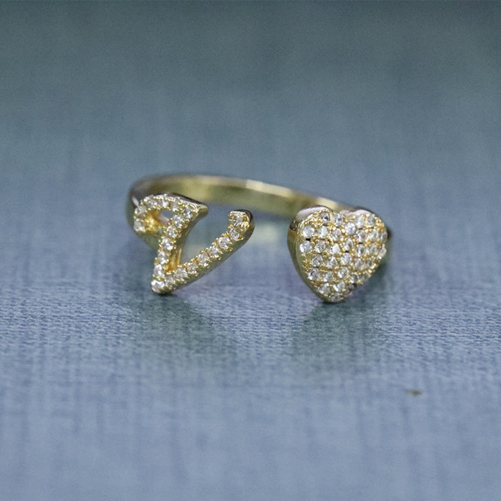 26‑Letter Open Cuff Ring, Paved Diamond Initial &amp; Heart Adjustable Statement Ring