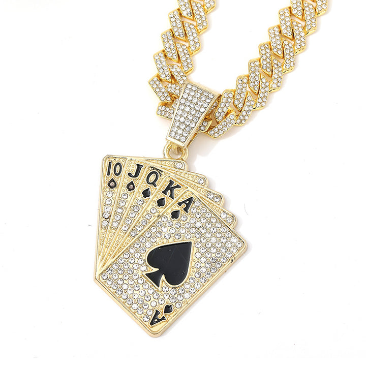 Iced‑Out Poker Card Pendant Necklace, Hip Hop Diamond Cuban Necklace