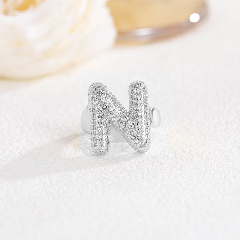 Adjustable Open Iced‑Out Initial Letter Diamond Ring, 26‑Alphabet Statement Unique Style Ring