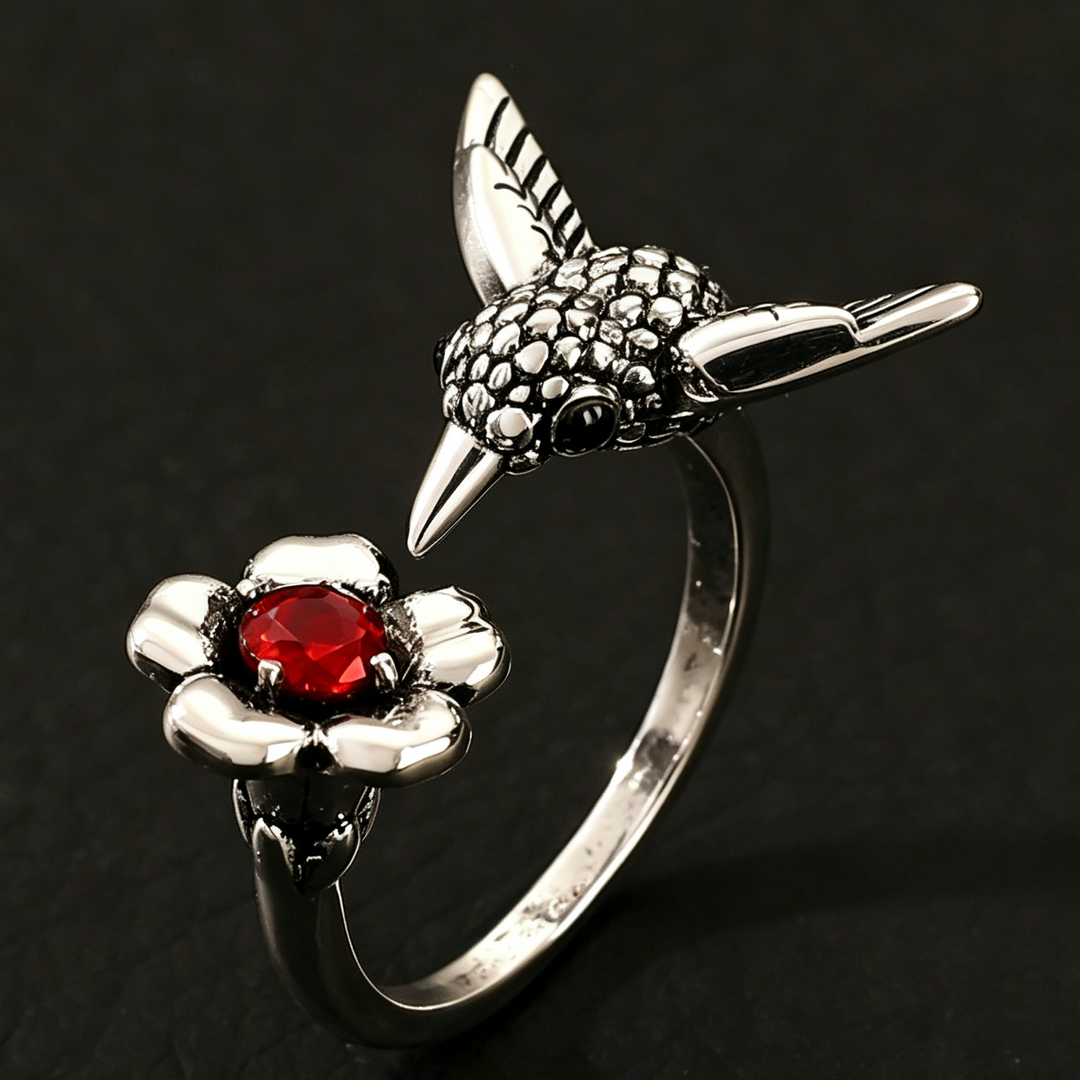Vintage Nature Inspired Hummingbird &amp; Butterfly Flower Ring, Artistic Open Statement Rings for Women